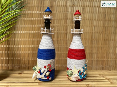 Ngọn hải đăng chai thuỷ tinh Handmade đính sò ốc [Thủ công - Sò ốc thật] C35cm CHAILO-HM-07